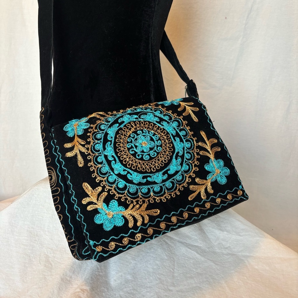 Boho Embroidered Crossbody Bag Black Velvet Turquoise Gold Festival Purse